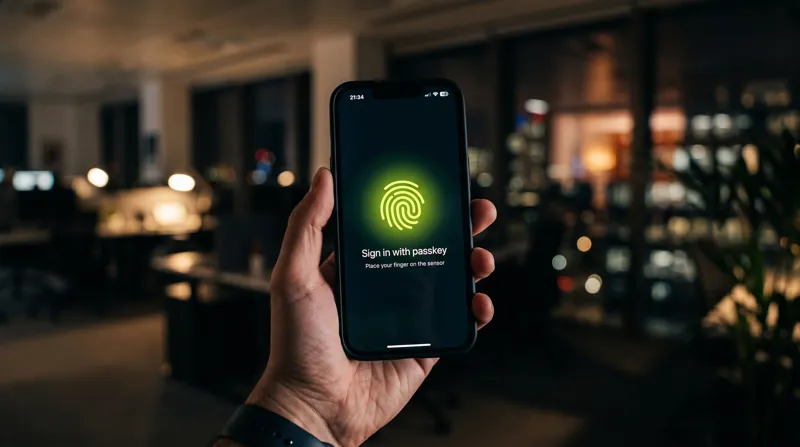A phone showing a Vesopa ID passkey prompt with a glowing fingerprint.