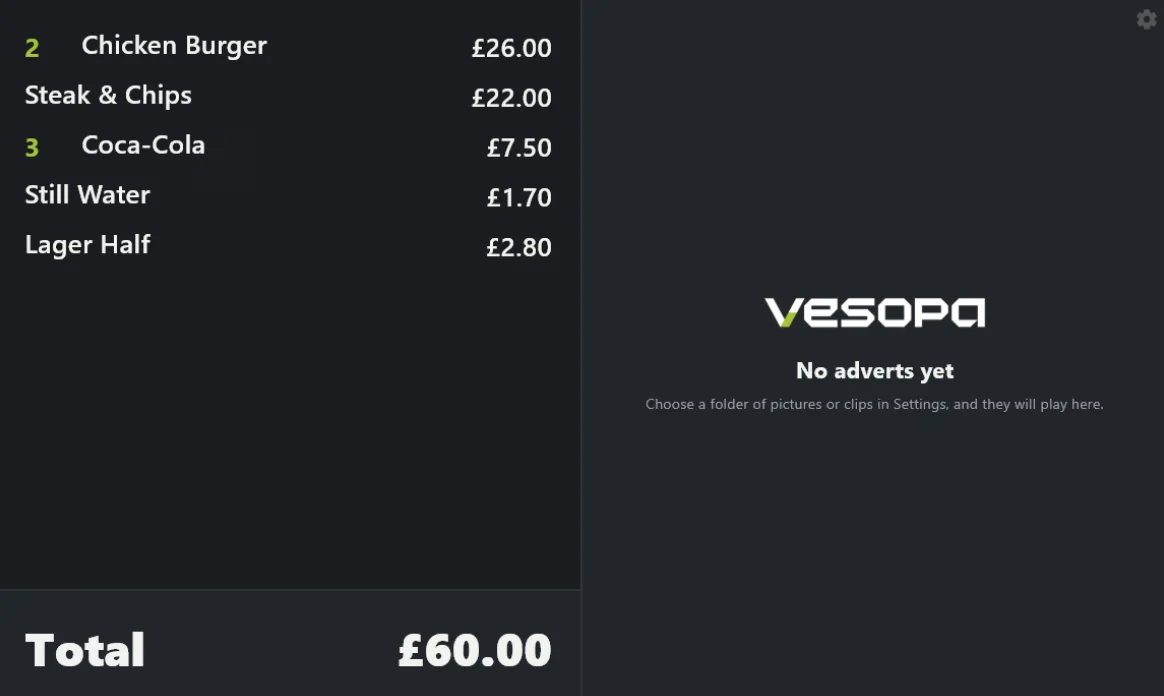 The Vesopa Customer Display: the bill on the left with a running total of sixty pounds, and the Vesopa mark on the advert panel to the right.