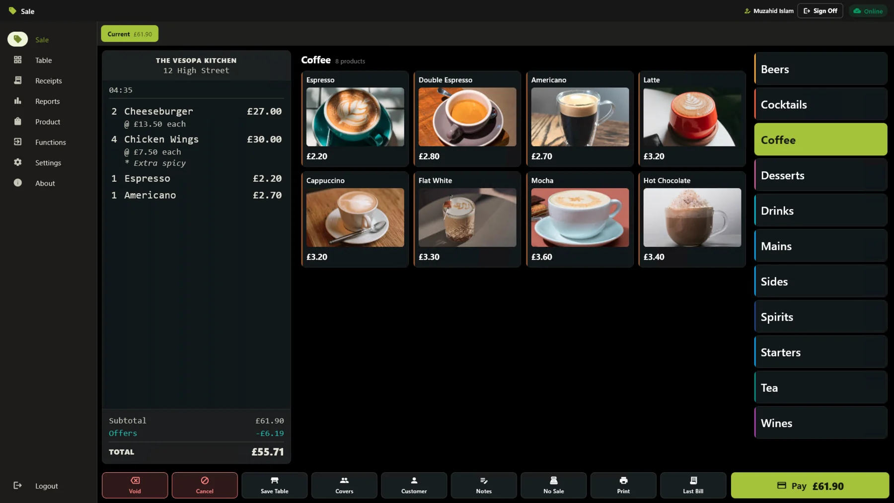 The Vesopa EPOS sale screen: a bill on the left, the coffee menu as product tiles, category buttons down the right.