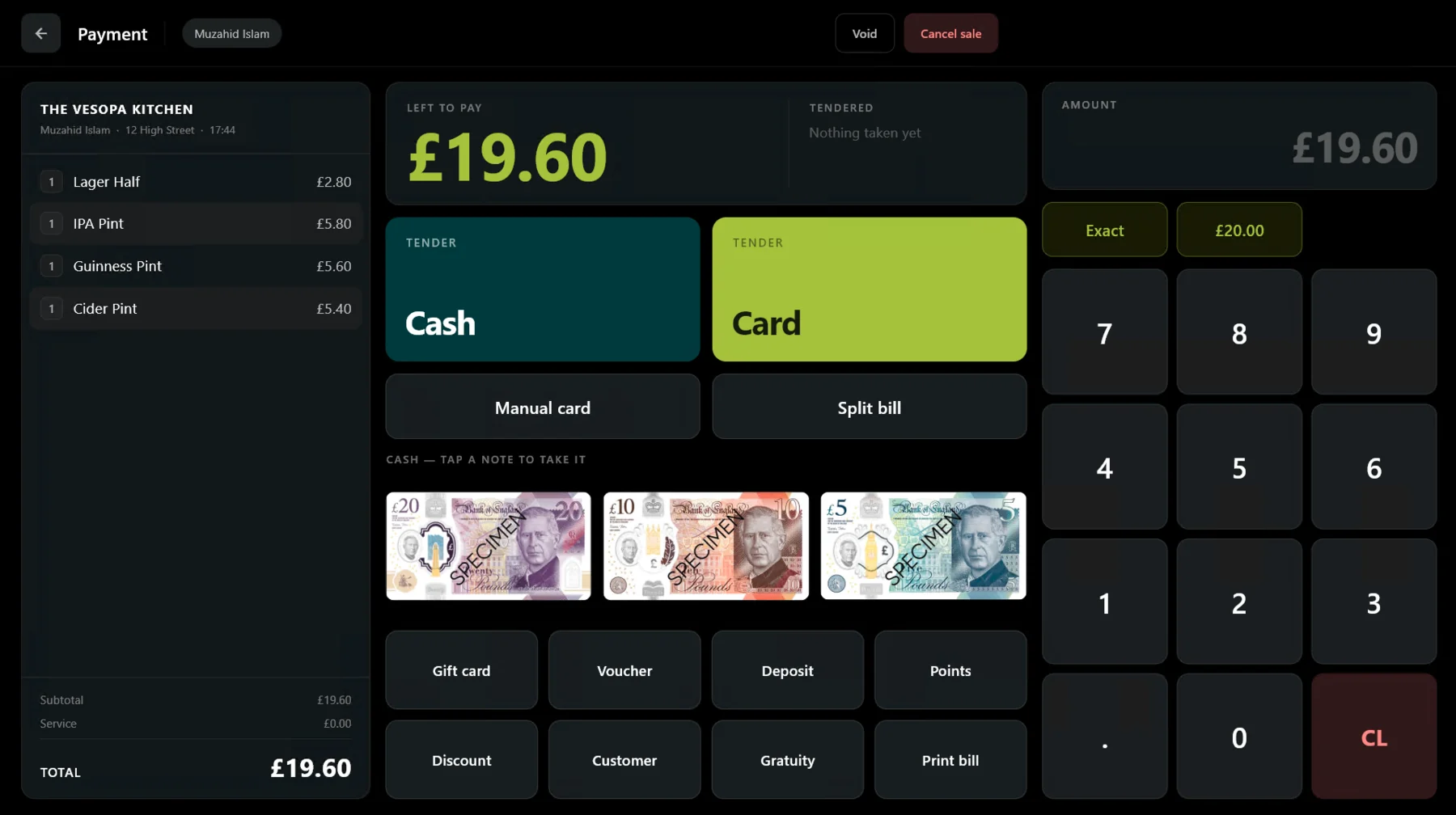 The Vesopa EPOS payment screen: amount left to pay, cash and card tender buttons, and a numeric keypad.