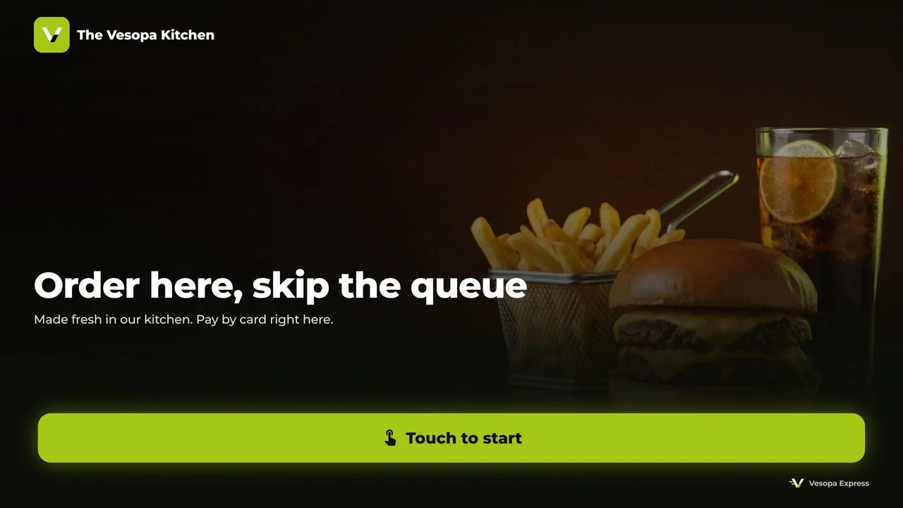 The Vesopa Express welcome screen: Order here, skip the queue, with a large Touch to start button over a photo of a burger and fries.